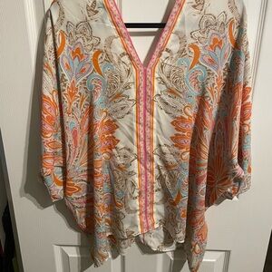 Women’s Cream Paisley V-Neck Printed Blouse - Orange & Pink Accents